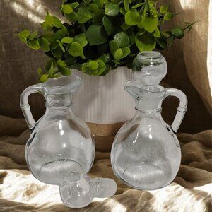 RARE Pair Vintage Glass Cruet with Stoppers Engraved Mexico